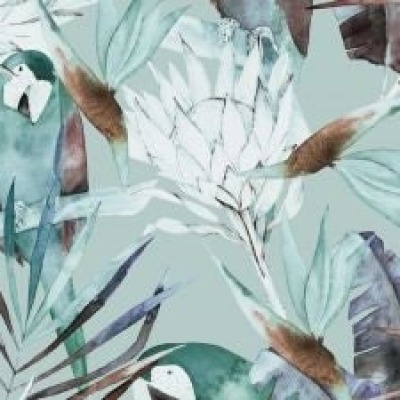 Viskose Jersey Stoffe mit tropischen Blättern und Papagei, ab 50 cm