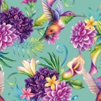 Viskose Jersey Stoffe mit tropischen Blumen und Kolibri, ab 50 cm