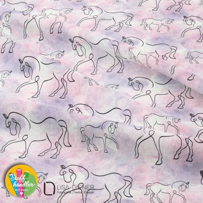 Jersey Stoff mit Pferden, marmoriert, lila, pink, rosa, Eigenproduktionen, Ökotex, ab 50 cm,