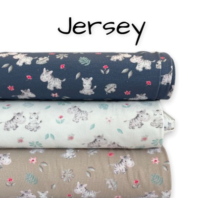 Jersey Stoff aus Baumwolle mit Zebras, mehrere Farben, ab 50 cm Ökotex Standard 100