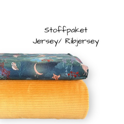Ribjersey /Jersey /Stoffpaket, ab 2x 50 cm, Knöpfe GRATIS, senfgelb, Waldtiere