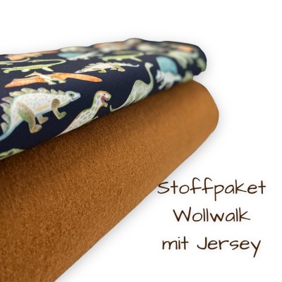 Stoffpaket Wollwalk aus Schurwolle und Jersey aus Organic Cotton mit Dinosauriern - Stoffpaket aus