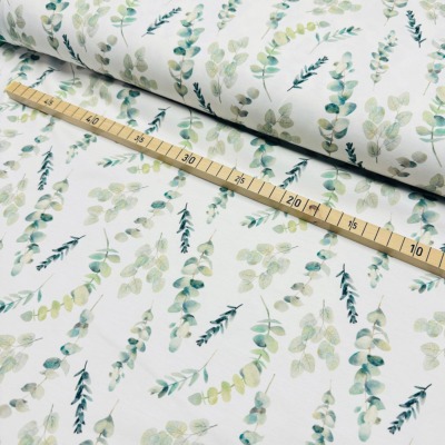 Jersey Stoff aus Baumwolle mit Eukalyptus Zweigen. - Jersey ab 10 cm, Ökotex Standard 100
