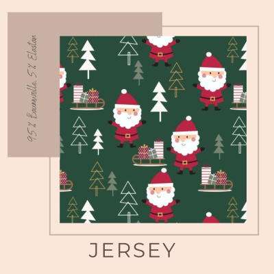 Jersey Weihnachtsstoff aus Baumwolle mit Weihnachtsmann - Grün, ab 10 cm