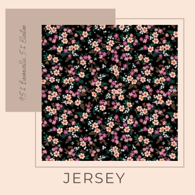 Jersey Stoff mit kleinen Blümchen, Ökotex standard 100 - Schwarz mit pink, ab 10 cm