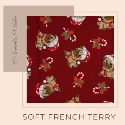 Soft French Terry Stoff angeraut, Mops mit Zuckerstange und Weihnachtsmütze, Bordeaux - Ökotex