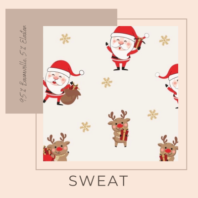 Sweat Stoff aus Baumwolle, flauschig warm, Standard 100 - Weihnachtsmann mit Elchen , ab 10 cm