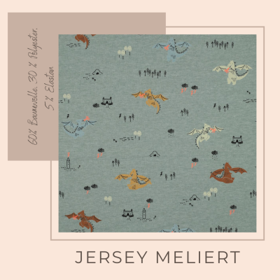 Jersey Stoff mit Drachen meliert, Ökotex Standard 100 - altgrün, ab 10 cm