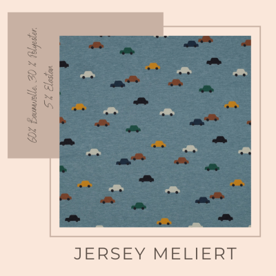 Jersey Stoff mit Autos meliert, Ökotex Standard 100 - rauchblau, ab 10 cm