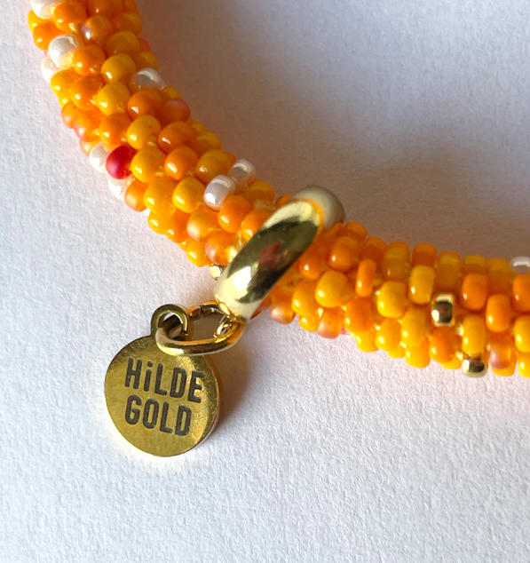 Glasperlen Sommer-Armband, Orange, Gelb, Hellgelb, Perlmutt und HildeGold-Anhänger wahlweise Gold