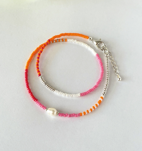 Glasperlen-Wickelarmband, in Pink-Orange, Silber versilbert