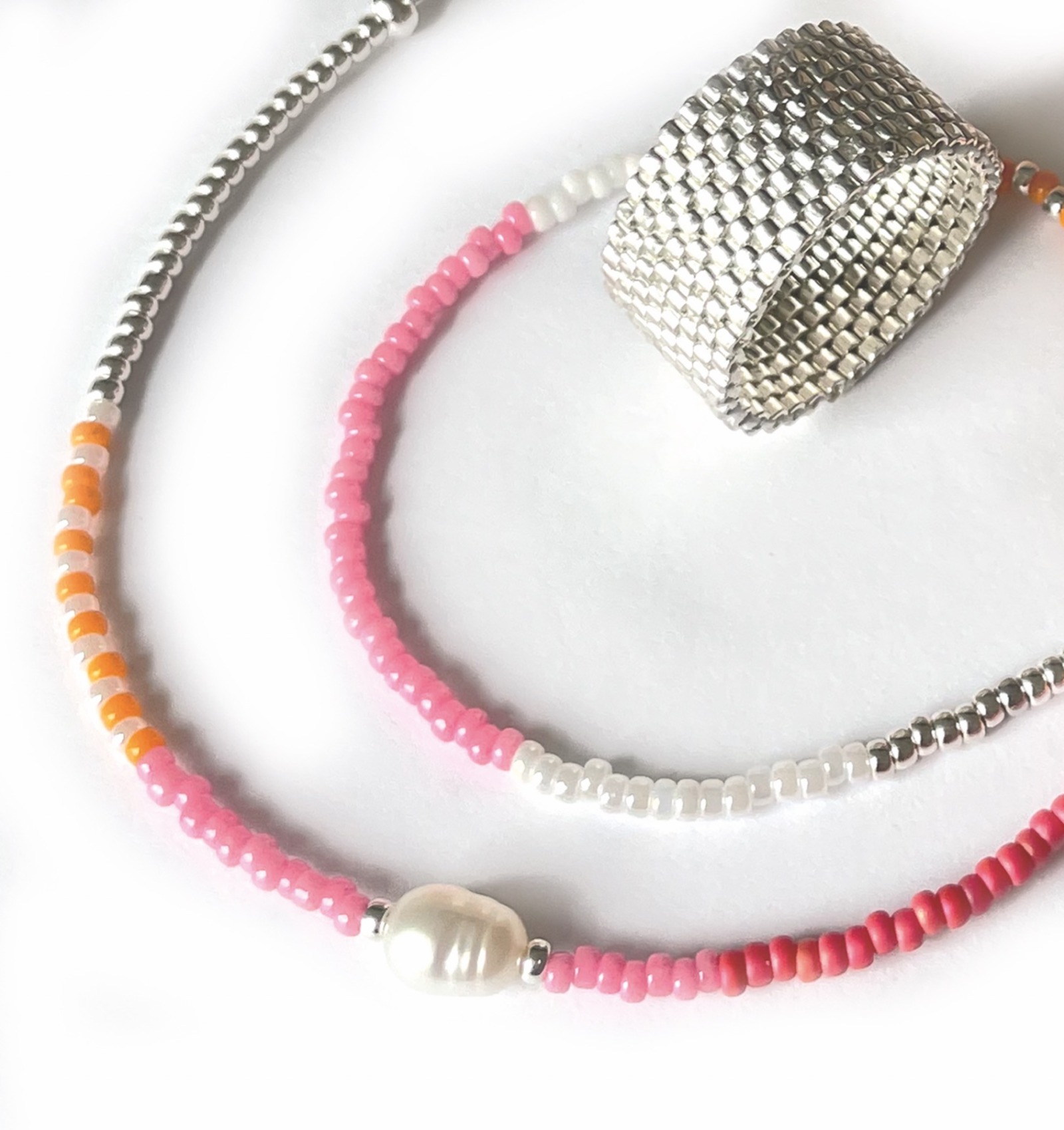 SET: Glasperlen-Armband + Ring, in Pink-Orange, Silber versilbert 3
