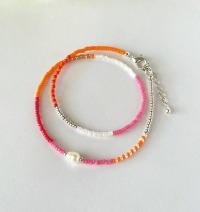 Glasperlen-Wickelarmband, in Pink-Orange, Silber versilbert