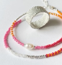 SET: Glasperlen-Armband + Ring, in Pink-Orange, Silber versilbert 2