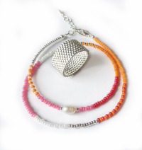 SET: Glasperlen-Armband + Ring, in Pink-Orange, Silber versilbert