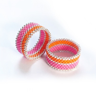 Glasperlen-Ring - handgefertigt, japanische Miyuki Glasperlen, Rosa-Orange, Silber