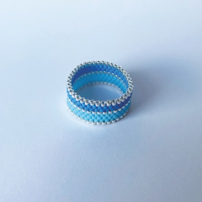 Glasperlen-Ring - handgefertigt, japanische Miyuki Glasperlen, Blau, Türkis, Silber