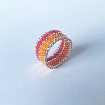 Glasperlen-Ring - handgefertigt, japanische Miyuki Glasperlen, Rot, Orange, Silber