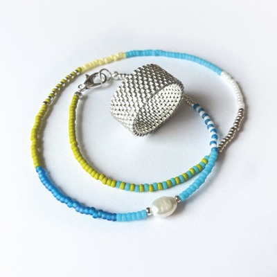 SET: Glasperlen-Armband + Ring, in Apfelgrün-Türkis, Silber versilbert - handgefertigt, Miyuki