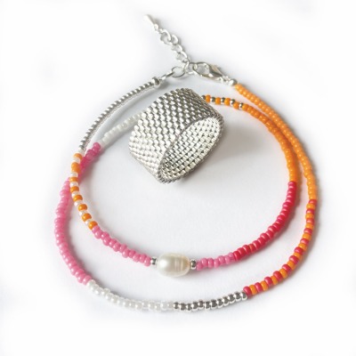 SET: Glasperlen-Armband + Ring, in Pink-Orange, Silber versilbert - handgefertigt, Miyuki Perlen