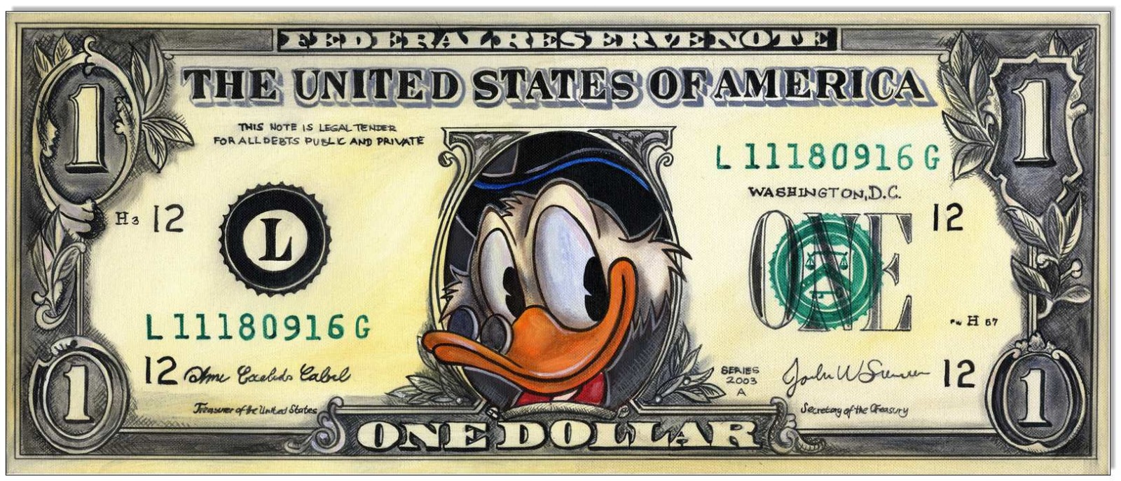 Dagobert Dollar III: Dagobert Duck One Dollar Bill - 50 x 119 cm