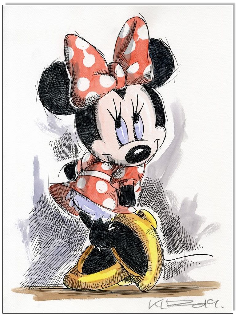 Minnie Mouse III - 24 x 32 cm - Original Federzeichnung farbig aquarelliert  auf Aquarellkarton - Artikelnummer 00425 | Online Shop | Berliner Bildermann