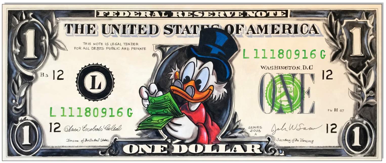 Dagobert Dollar VI: Dagobert Duck One Dollar Bill - 50 x 119 cm