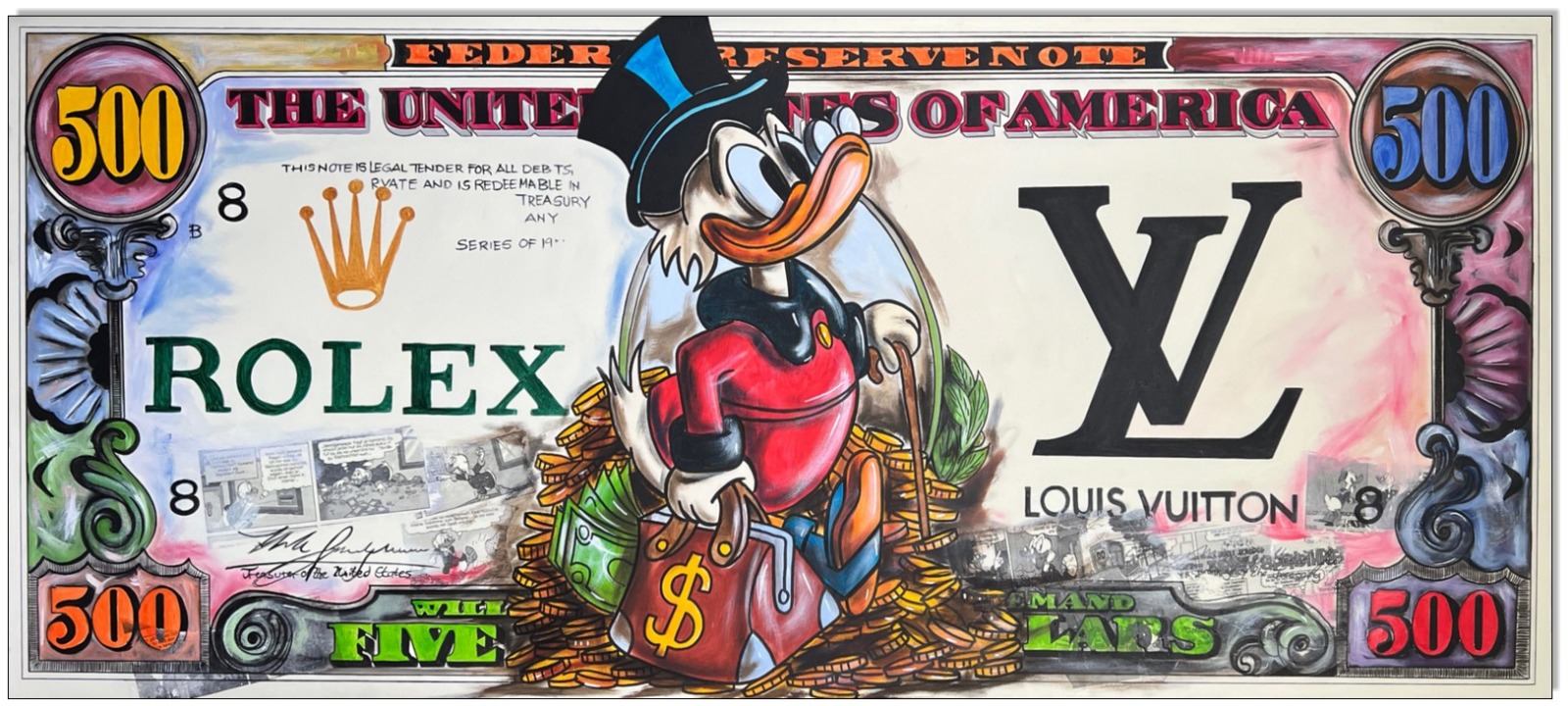 Dagobert Dollar X: Dagobert Duck The 500 Dollar Bill - 64 x 150 cm - UNIKAT