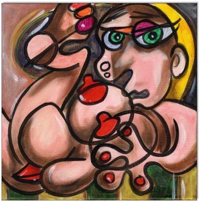 Picasso Style Erotic Art - 20 x 20 cm - Original Acrylgemälde auf Leinwand/ Keilrahmen -