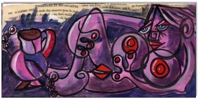 Picasso Style Erotic Art 16 - 15 x 30 cm - Original Acrylgemälde und Collage auf Leinwand/