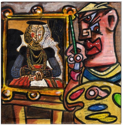 Picasso malt Cranach - 20 x 20 cm - Original Acrylgemälde und Collage auf Leinwand/ Keilrahmen -