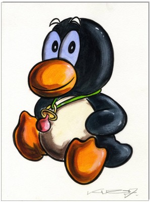 Linux Baby TUX Penguin - 24 x 32 cm - Original Acryl auf Acrylmalpapier - Artikelnummer 00048