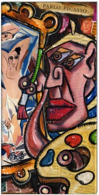 Picasso paints Les Demoiselles dAvignon - 15 x 30 cm - Original Acrylgemälde und Collage auf
