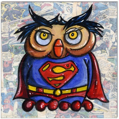 SUPER Owl - 20 x 20 cm - Original Acrylgemälde und Collage auf Leinwand/ Keilrahmen - Artikelnummer