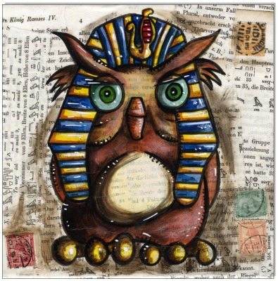RAMSES Owl - 20 x 20 cm - Original Acrylgemälde und Collage auf Leinwand/ Keilrahmen -