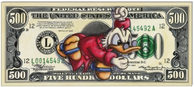 Dagobert Dollar II: Dagobert Duck 500 Dollar Bill - 50 x 119 cm - Original Acrylgemälde auf