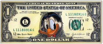 Dagobert Dollar III: Dagobert Duck One Dollar Bill - 50 x 119 cm - Original Acrylgemälde auf