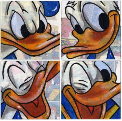 Comic Faces I: Donald Duck - 4 Bilder 15 x 15 cm - Original Acrylgemälde und Collage auf