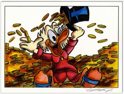 Dagobert Duck: Scrooges Coin shower III - 30 x 40 cm - Original Acryl auf Acrylmalpapier -
