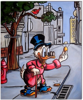 Dagobert Duck: Scrooge finds a coin - 50 x 60 cm - Original Acrylgemälde auf Leinwand/ Keilrahmen -