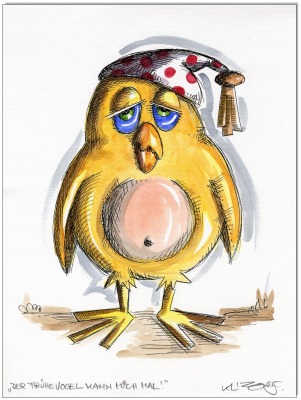 Early Bird: Der frühe Vogel kann mich mal - 24 x 32 cm - Original Federzeichnung farbig