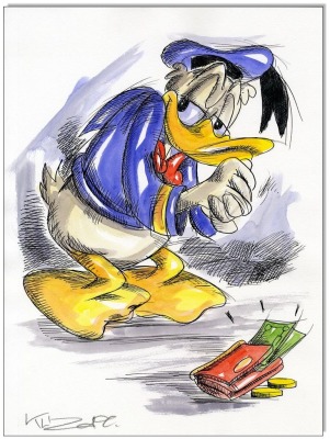 Donald Duck THE PURSE - 24 x 32 cm - Original Federzeichnung farbig aquarelliert auf Aquarellkarton