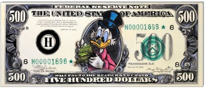 Dagobert Dollar V: Dagobert Duck 500 Dollar Bill - 50 x 119 cm - Original Acrylgemälde auf