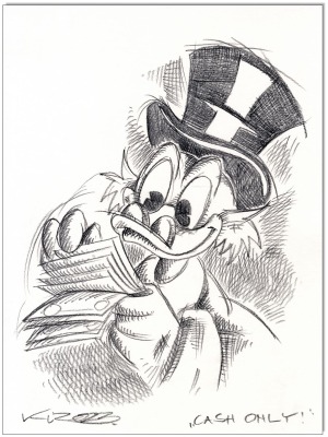 Dagobert Duck Cash only - 24 x 32 cm - Original Kreidezeichnung auf Zeichenkarton - Artikelnummer 00