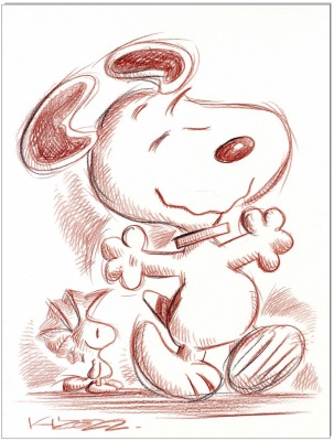 PEANUTS Snoopy &amp; Woodstock - 24 x 32 cm - Original Rötelzeichnung auf Zeichenkarton - Artikelnummer