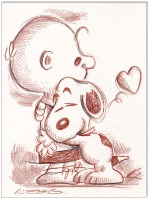 PEANUTS Charlie &amp; Snoopy - 24 x 32 cm - Original Rötelzeichnung auf Zeichenkarton - Artikelnummer 0