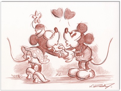 Mickey &amp; Minnie in Love - 24 x 32 cm - Original Rötelzeichnung auf Zeichenkarton - Artikelnummer 00