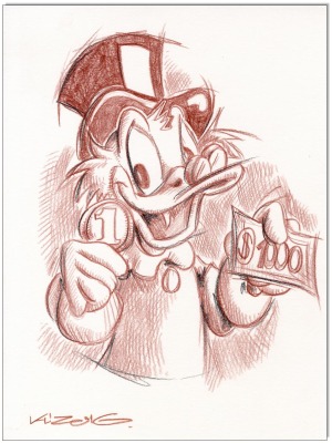 Dagobert Duck Cash only II - 24 x 32 cm - Original Rötelzeichnung auf Zeichenkarton - Artikelnummer