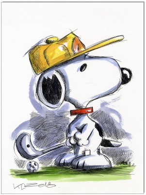 PEANUTS Snoopy Golf II- 24 x 32 cm - Original Federzeichnung farbig aquarelliert auf Aquarellkarton