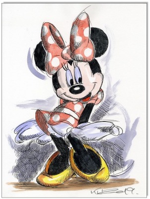 Minnie Mouse II - 24 x 32 cm - Original Federzeichnung farbig aquarelliert auf Aquarellkarton -